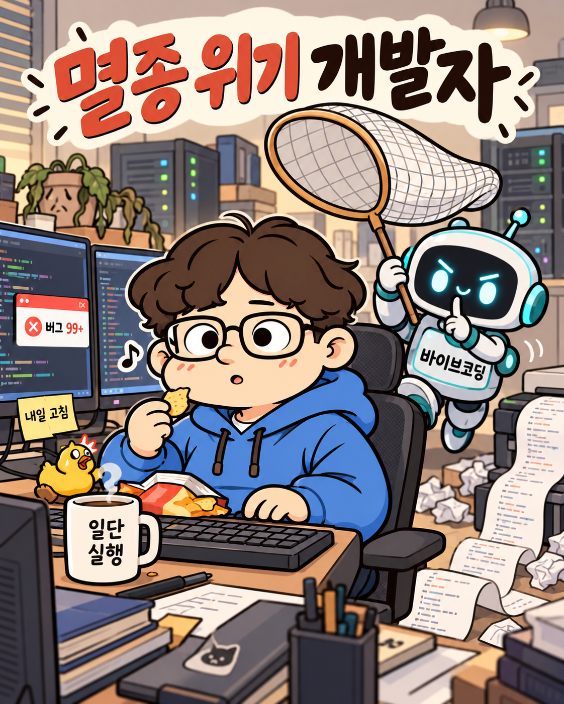 과자를 먹으며 코딩하는 파란 후드 개발자, 잠자리채를 든 바이브코딩 로봇, 버그 99+ 모니터와 일단 실행 머그컵